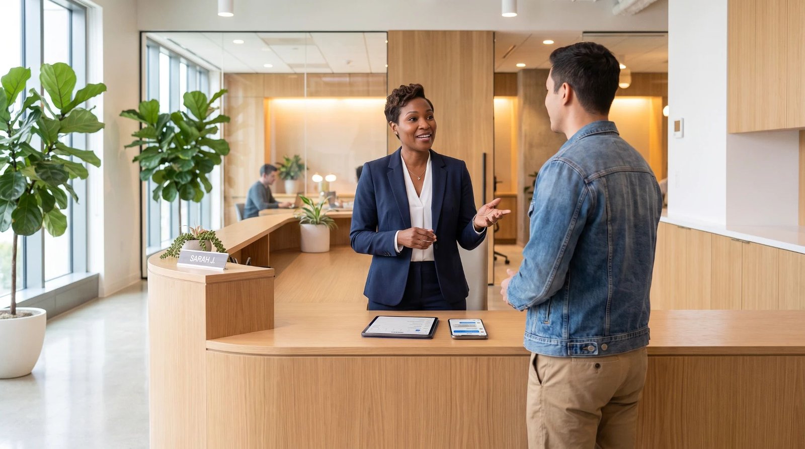 A front desk receptionist at a New York office helping a walk-in visitor, with a tablet and a phone on the counter