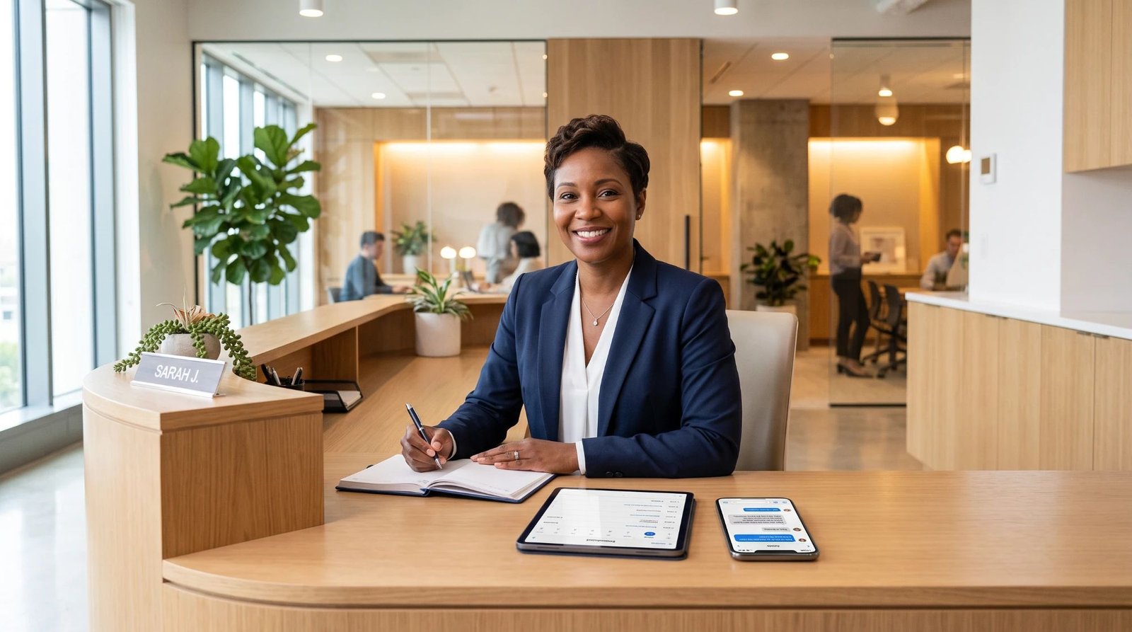 A smiling receptionist at a front desk with a notebook, a tablet showing a booking calendar, and a phone showing text messages